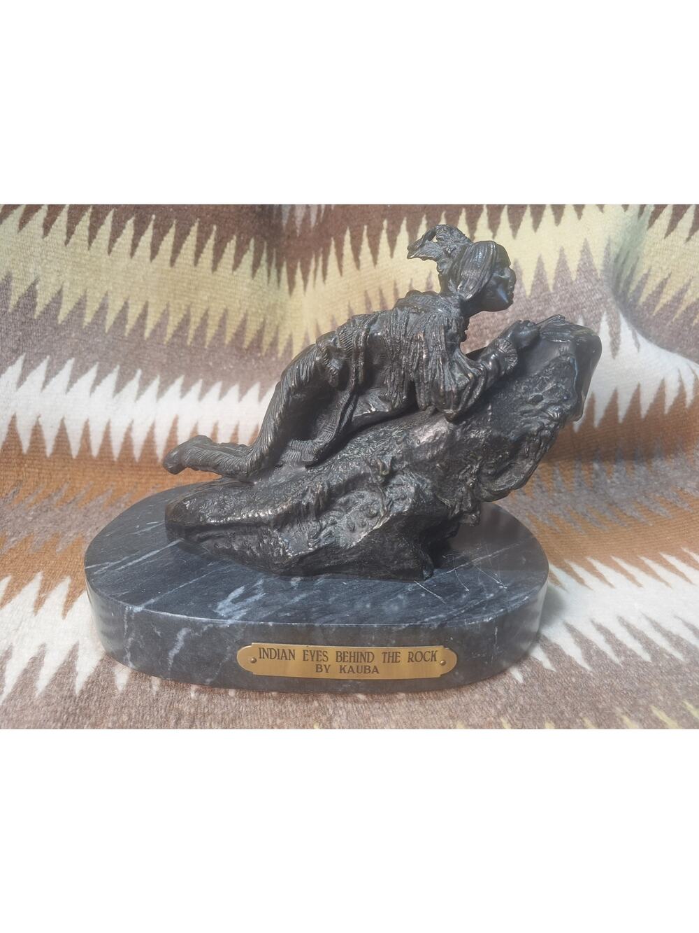 Carl Kauba Indian Eyes Behind Rock Bronze Sculpture Marble Base 12lb